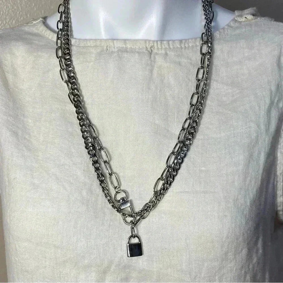 Silver chain link padlock multi strand statement necklace - Picture 1 of 4